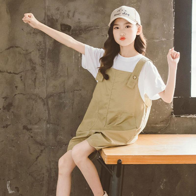 Детский костюм из 2 шт./компл., хлопковый однотонный топ с короткими рукавами + брюки-комбинезон, костюм для детей 7-12 лет