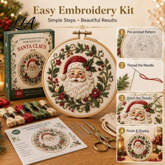 Desktop Ornament Craft Kit Christmas Embroidery for Beginners, Pre-Printed Pattern Full Set Handmade Holiday Decoration Projects of Tools, DIY