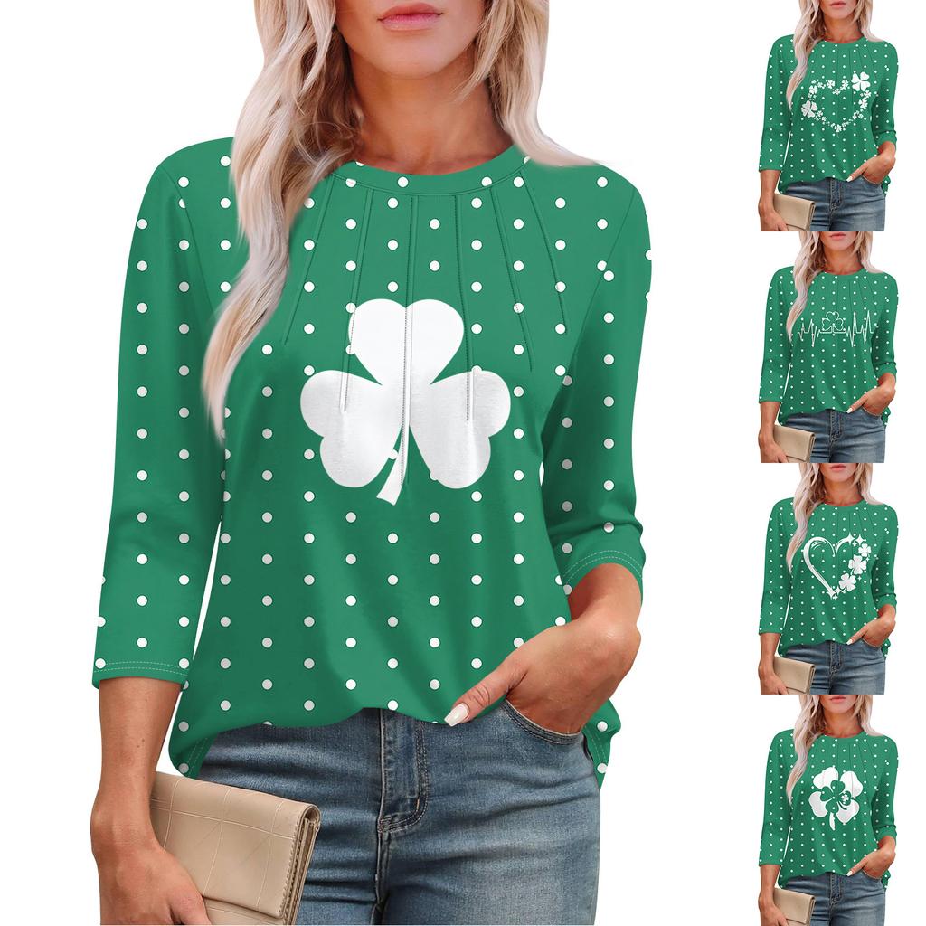 Women's Fashion Round Neck Seven Sleeve St. Patrick's Day Printed Pleated T-Shirt Top