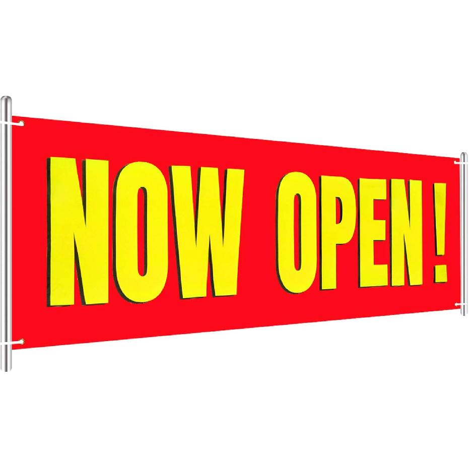 Large Now Open Banner Outdoor Indoor Signs Polyester Oxford Cloth Now Open Sign Hanging Banner for Lawn Outside Business Shop Decoration, 3 x 8