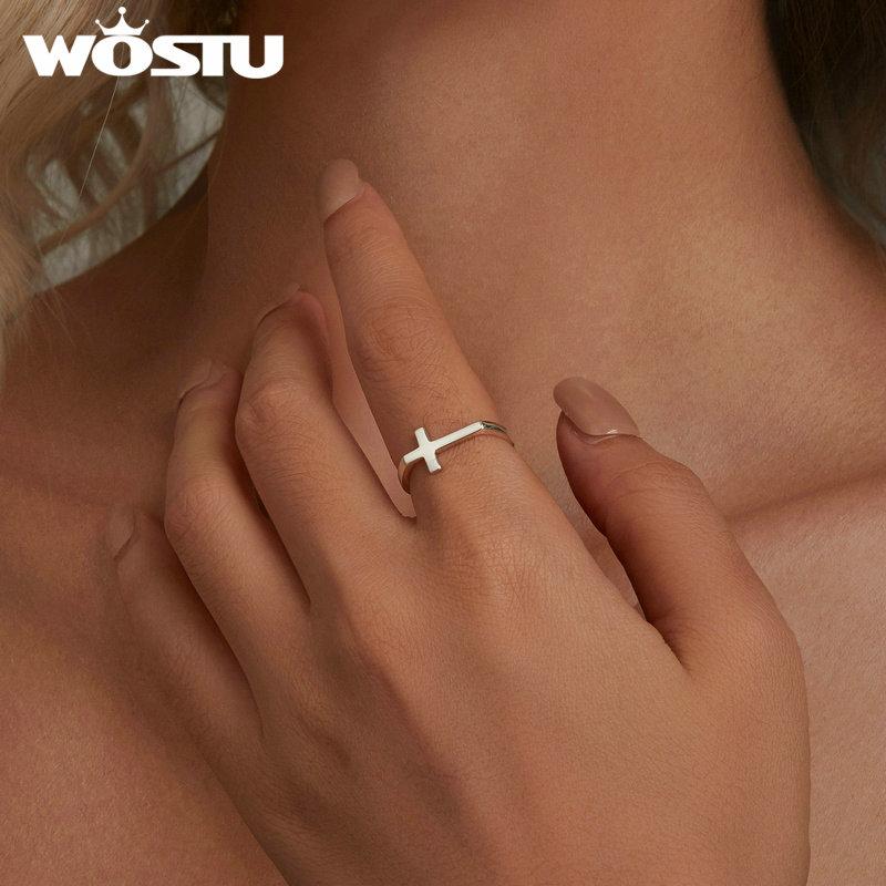 WOSTU 925 Sterling Silver Simple Cross Finger Ring for Women Daily Wear Guard Female Ring Jewelry Gift For Daugther Family
