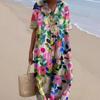 Women Floral Print Summer Maxi Dresses Colorful V Neck Short Sleeve Casual Loose Vacation Workout Beachwear Dress
