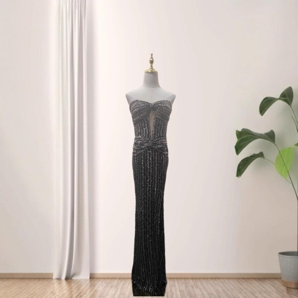 European and American sexy tube top super body vertical stripe sequins thin dress dress