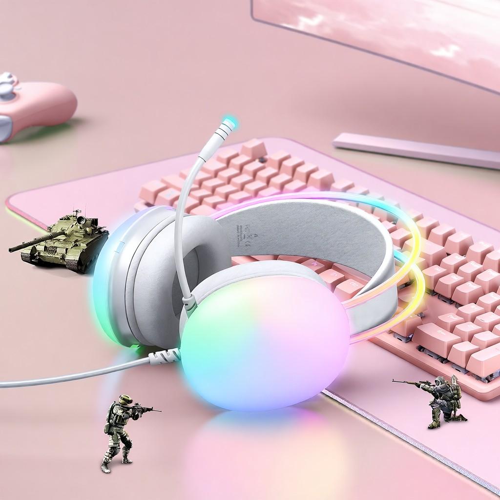 Wired Gaming Headset RGB Stereo 3.5mm Headphones for PC PS4 PS5 Mac White