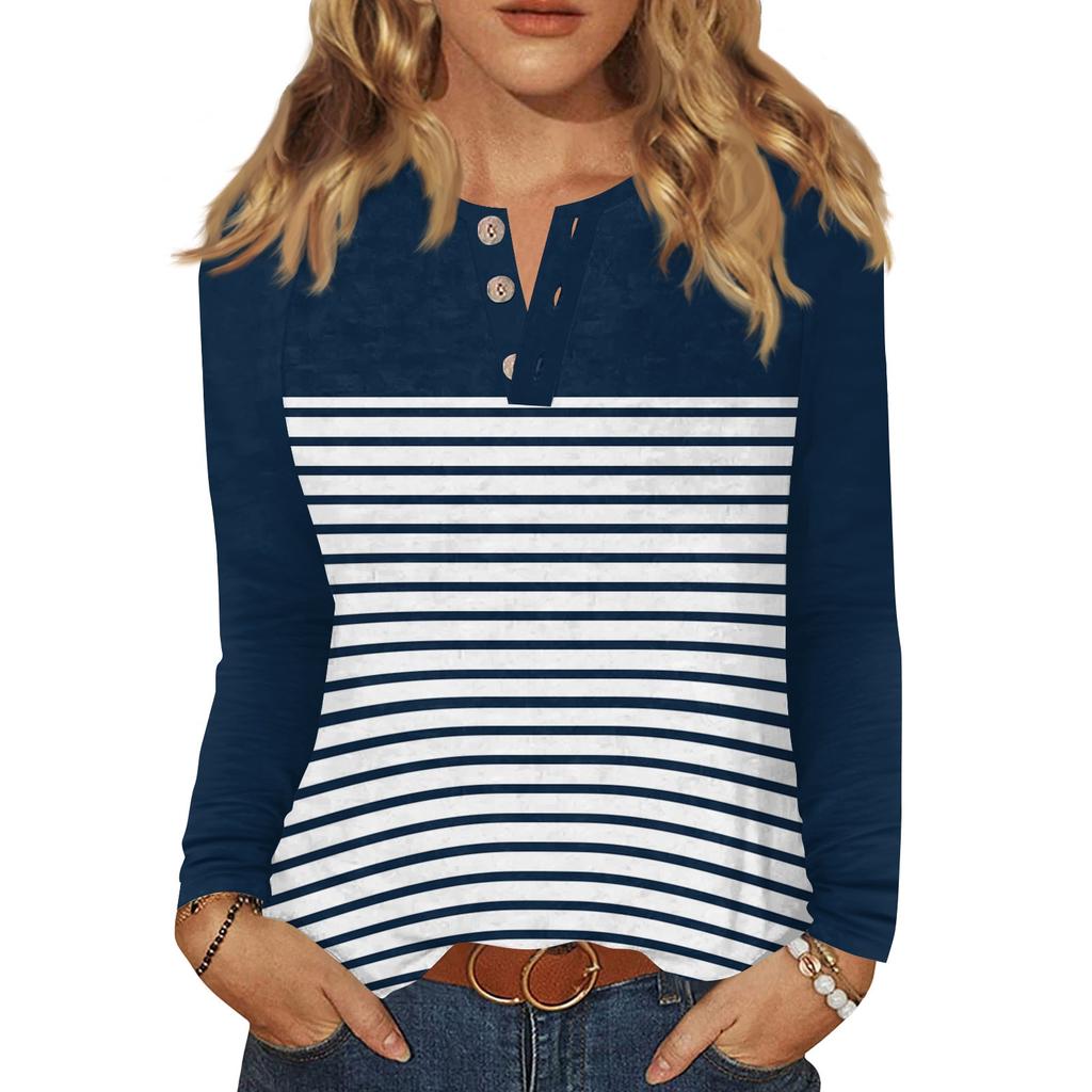 Женская футболка с принтом, на пуговицах, с длинным рукавом, повседневная, для выходных, модная, базовая, с V-образным вырезом, обычный топ