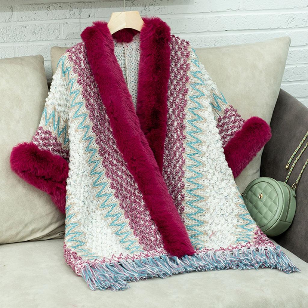 Women's Fashion Striped Fringe Knitted Shawl Cape Cape All Over The Cape With Scarf Sweater