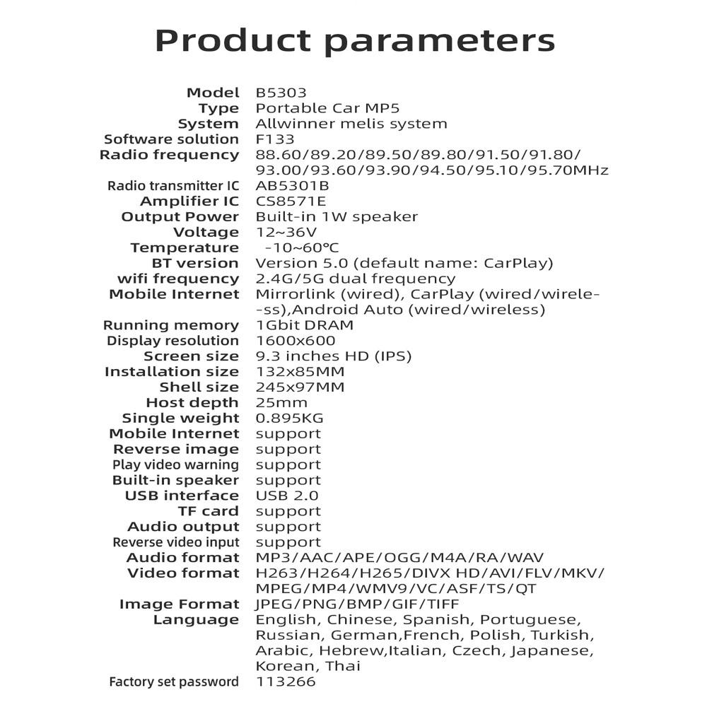 9.3Inch Car Radio Dash Cam Video Recorder MP5 Player Wireless CarPlay Android Auto Touch Screen Bluetooth