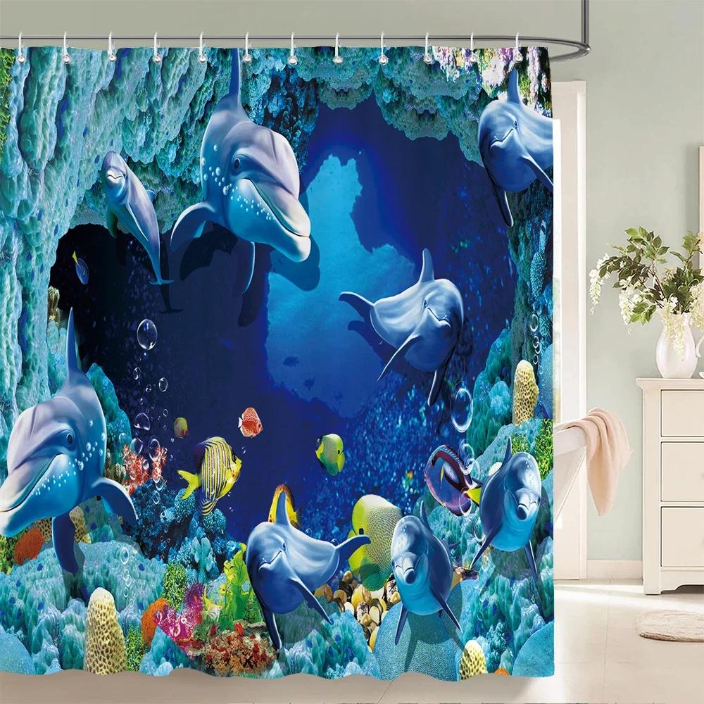 Подводный мир Рыба Черепаха 3d Шторки для душа Океан Дельфин Морской пейзаж Ткань Водонепроницаемая Занавеска для ванны Декор для ванной комнаты Экран