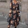 Женская мода осенний цветочный узор с принтом с длинным рукавом и v-образным вырезом со средней талией повседневные платья