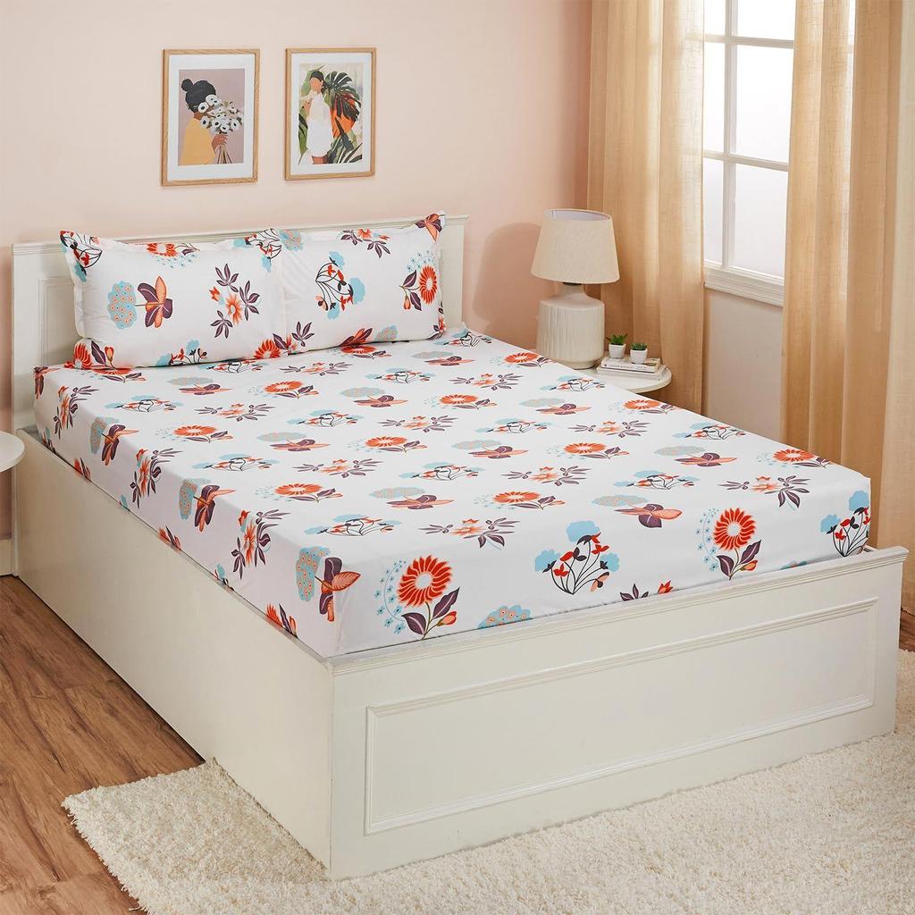 Queen Size Flat Bedsheet with 2 Pillow Cases | 180 TC | 100% Cotton | Washing Machine Washable | 90 X 100 Inches | Floral Design