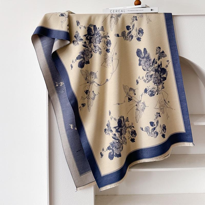 Korean Version Of Butterfly Love Flower Imitation Cashmere Thickened Winter Warm Scarf Fashion Shawl Double-Sided Printed Scarf