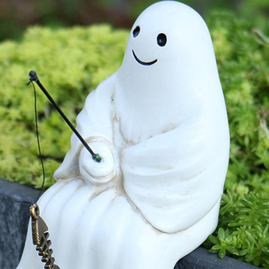 Хэллоуин Скульптура Синтетическая смола Скелет Рыбак Статуя Мини Привидение Рыбалка Пруд Садовое украшение