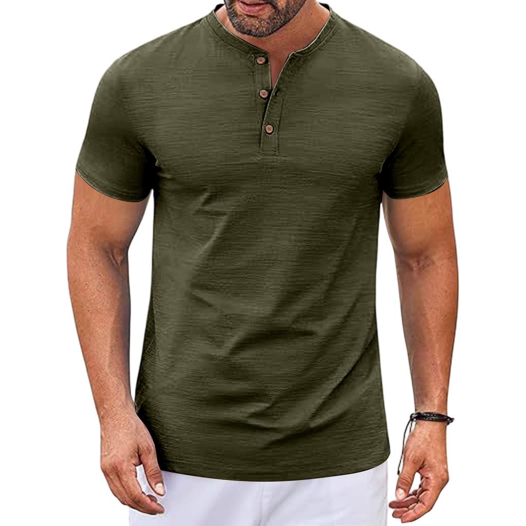 Men's Summer Casual Slim Fit Muscle Texture Henley Short Sleeve T Shirt Lightweight Breathable Vintage Style Tee