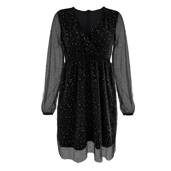 Women Spring Fall Dress Deep V Neck Long Mesh Sleeve Shiny Sequin Lantern Sleeve Double-layered Tight Waist Prom Cocktail Party Mini Dress