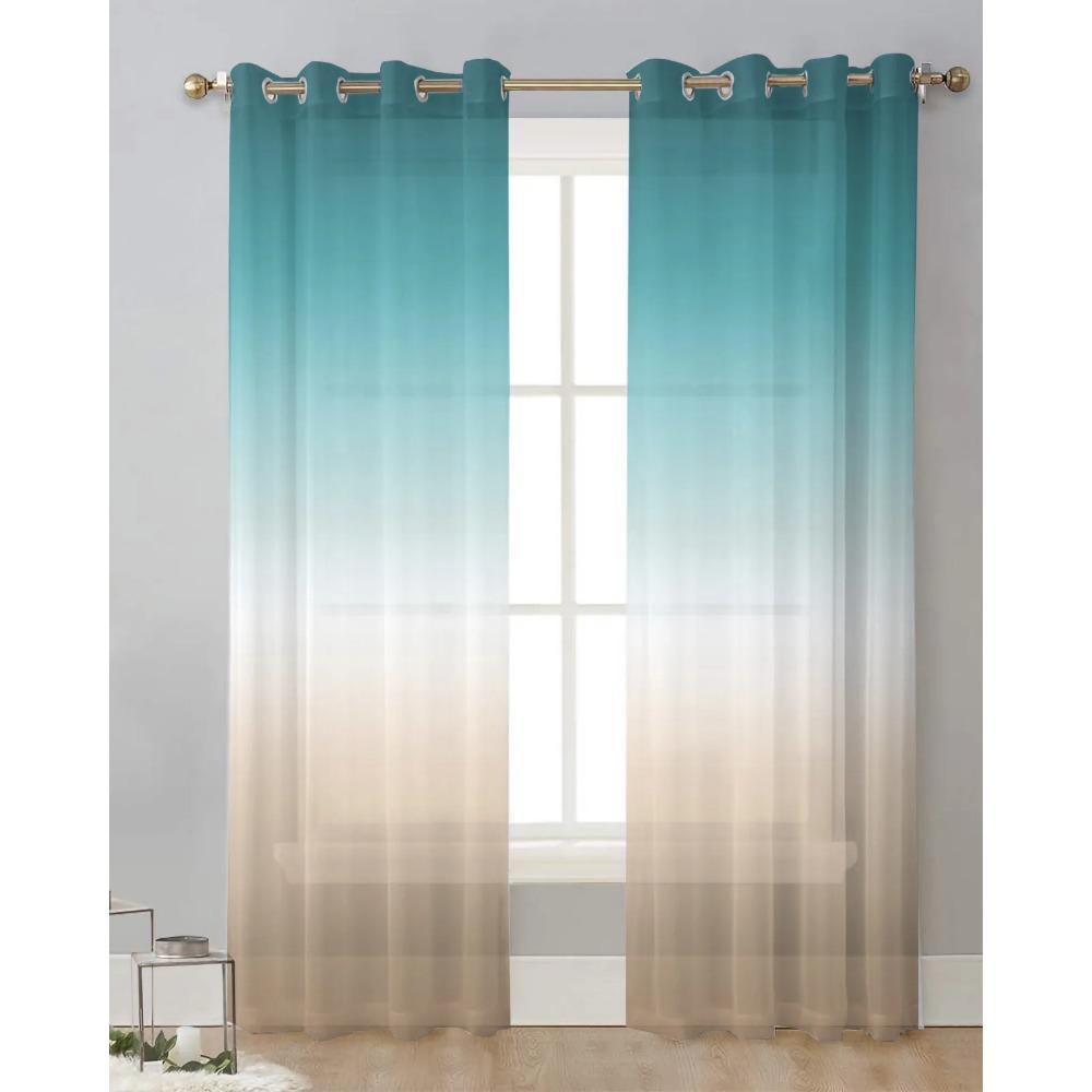 Teal Green Khaki Gradient Sheer Drapes for Living Room Decoration Window Curtains for Kitchen Curtains