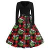 Women's Fashion V-neck Casual Slim-fit Christmas Print Long-sleeved Dress