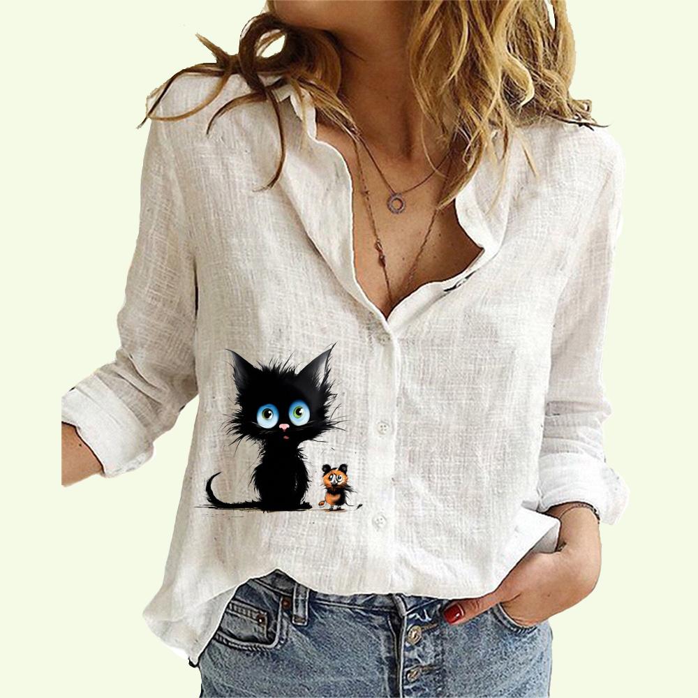 Женская модная рубашка с лацканами на пуговицах, весна-лето, тонкий хлопковый льняной топ, повседневная блузка с принтом кота
