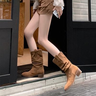 Женские ботинки супер высокого качества Осень 2025 Модные остроносые ботинки челси Плиссированные замшевые кожаные женские ботфорты Банкетная вечеринка