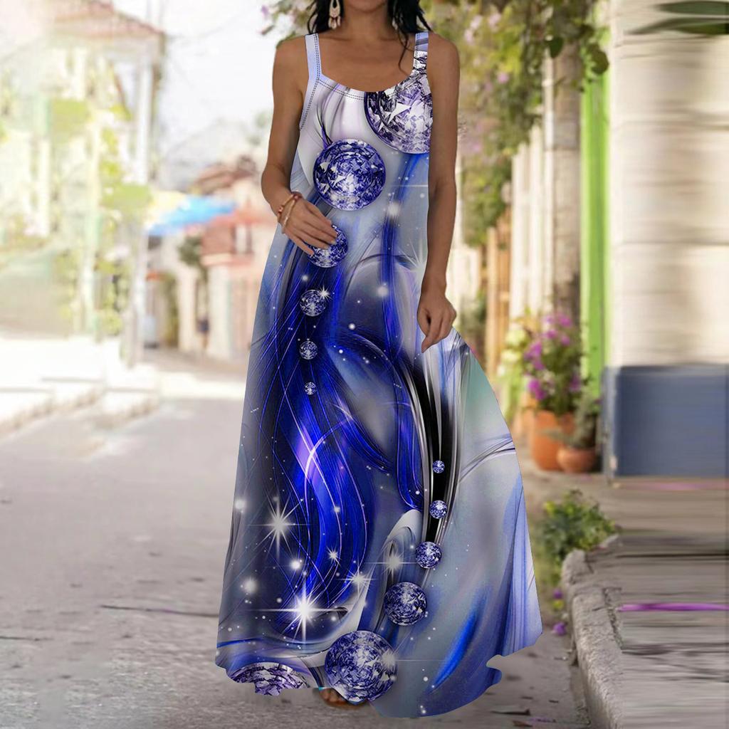 Women's Slip Dress Maxi Long Dress Sapphire Print Dress Spring & Summer V Neck Leisure Vacation