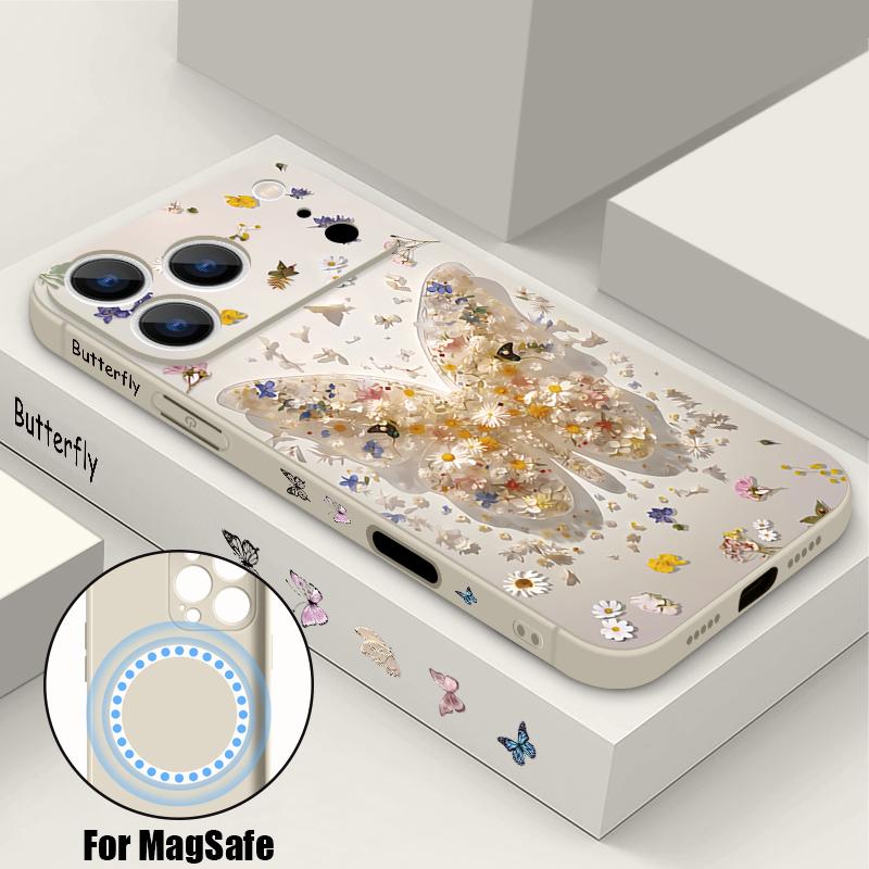 Для iPhone 17 Pro Max Чехол INS с узором из разноцветных бабочек и цветов, Магнитный, Для Magsafe, Мягкий чехол Для iPhone 16 15 14 13 Pro Max 17E 16E