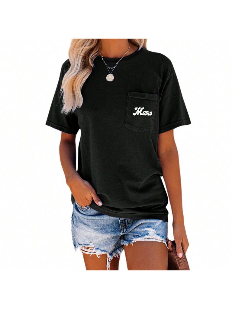 Women's Letter Print Crew Neck T-Shirt Short Sleeve Loose Basic Tee with Pocket