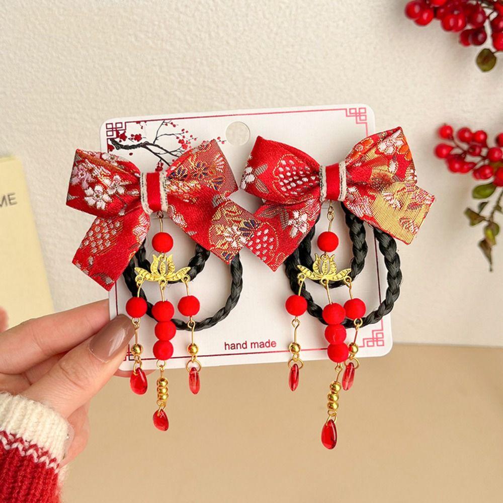2 шт. новогодний головной убор детский бант шпилька для волос китайский стиль парик коса шпилька ханьфу боковой зажим для девочек