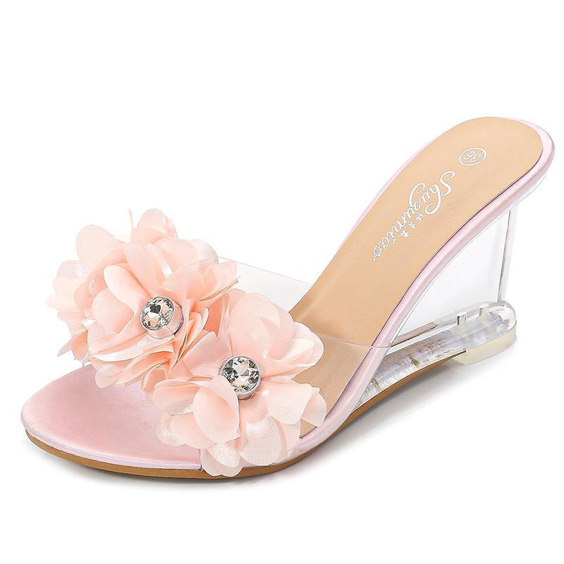 Summer Sexy Slippers Women Flower Simple Transparent Heel Crystal Shoes Versatile Pumps Party Nightclub PVC Sandals