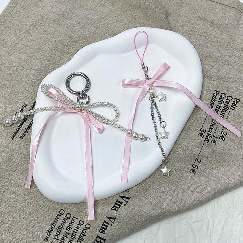 Брелок с жемчужными бусинами, милый, крутой бант, лента, телефон, кулон, чехол для наушников, подвески, сумка, декор, автомобильный брелок