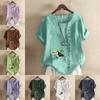 Women's Fashion Bird Prined Round Neck Short Sleeve T-shirt Casual Cotton Linen Graphic Shirt Leisure Loose Summer Blouse Tops