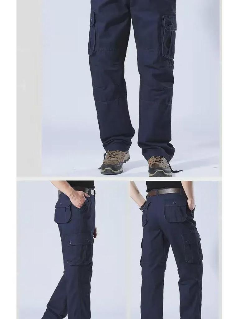 Прочные хлопковые рабочие брюки с несколькими карманами — свободный крой, прямые брюки, большие размеры