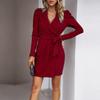 Женское осенне-зимнее элегантное короткое платье с V-образным вырезом и длинным рукавом, однотонное короткое платье с высокой талией