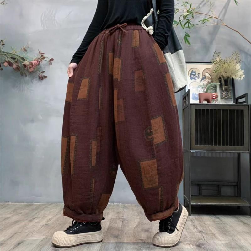 Johnature Женские зимние модные брюки-шаровары в винтажном стиле с принтом, свободные повседневные брюки с эластичной резинкой на талии в китайском стиле