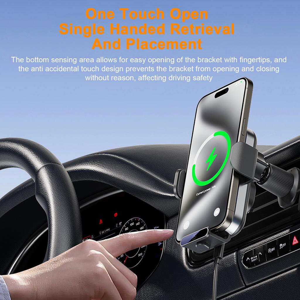 Car Mount Phone Holder Wireless Charger Fast Charging Air Vent Car Charging Holder One Touch Clamping Anti Slip and