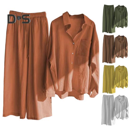 2 шт./компл., женская рубашка больших размеров, комплект брюк, сплошной цвет, блузка с воротником с лацканами и длинными рукавами, высокая талия, свободные широкие брюки, комплект, повседневная одежда для поездок на работу