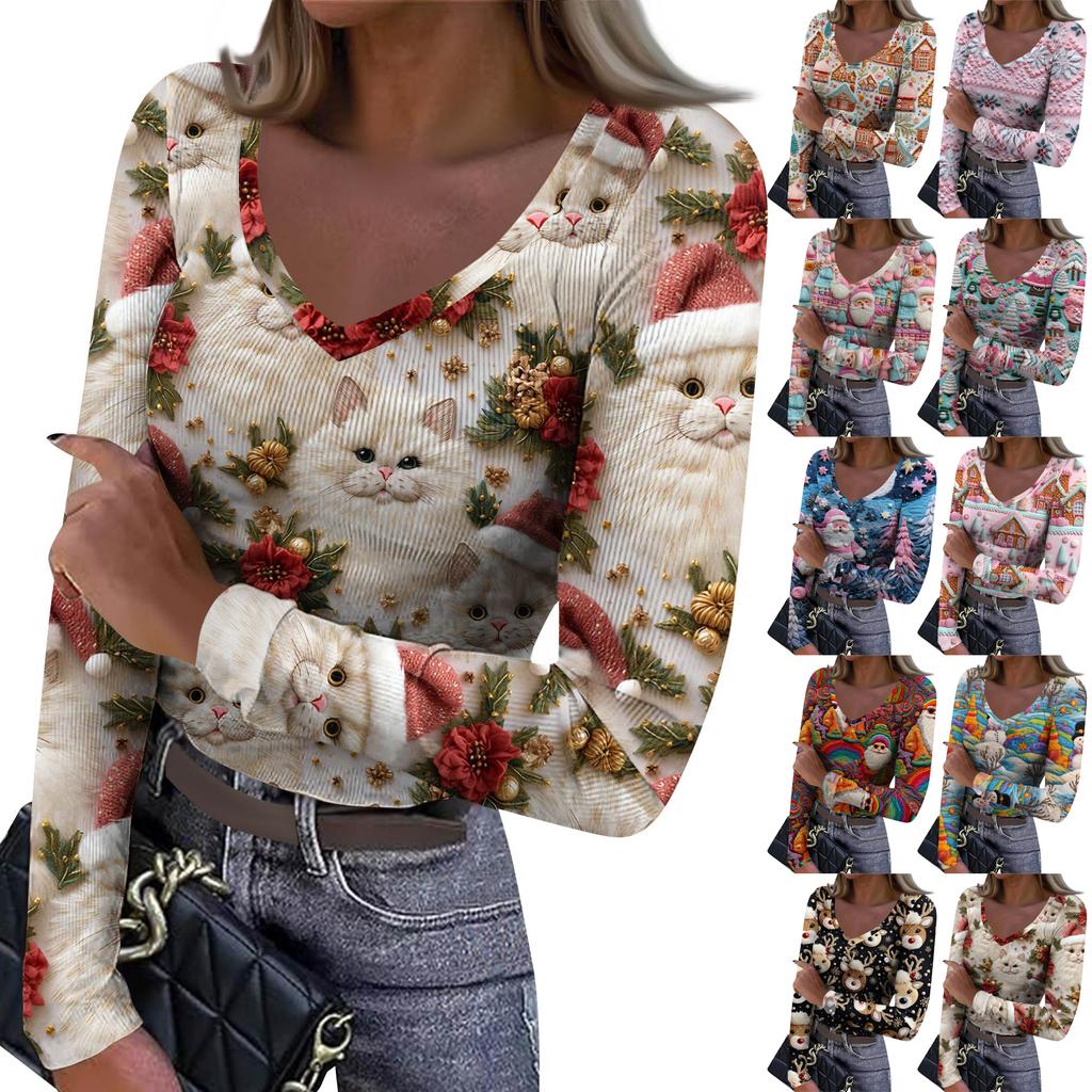 Женская зимняя облегающая футболка-базовый слой, модный рождественский принт, V-образный вырез, пуловер, топ с длинными рукавами
