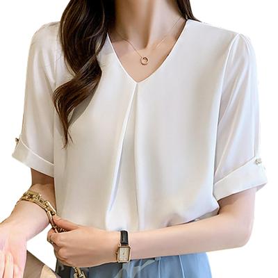 Короткий шифоновый короткий рукав свободный, прикрывающий тело [Lalapala] Женская блузка, Рукав, Лето, Рубашка, V-образный вырез, Стильный, Тонкий, Аккуратный, Рубашка, Топ, Пуловер,