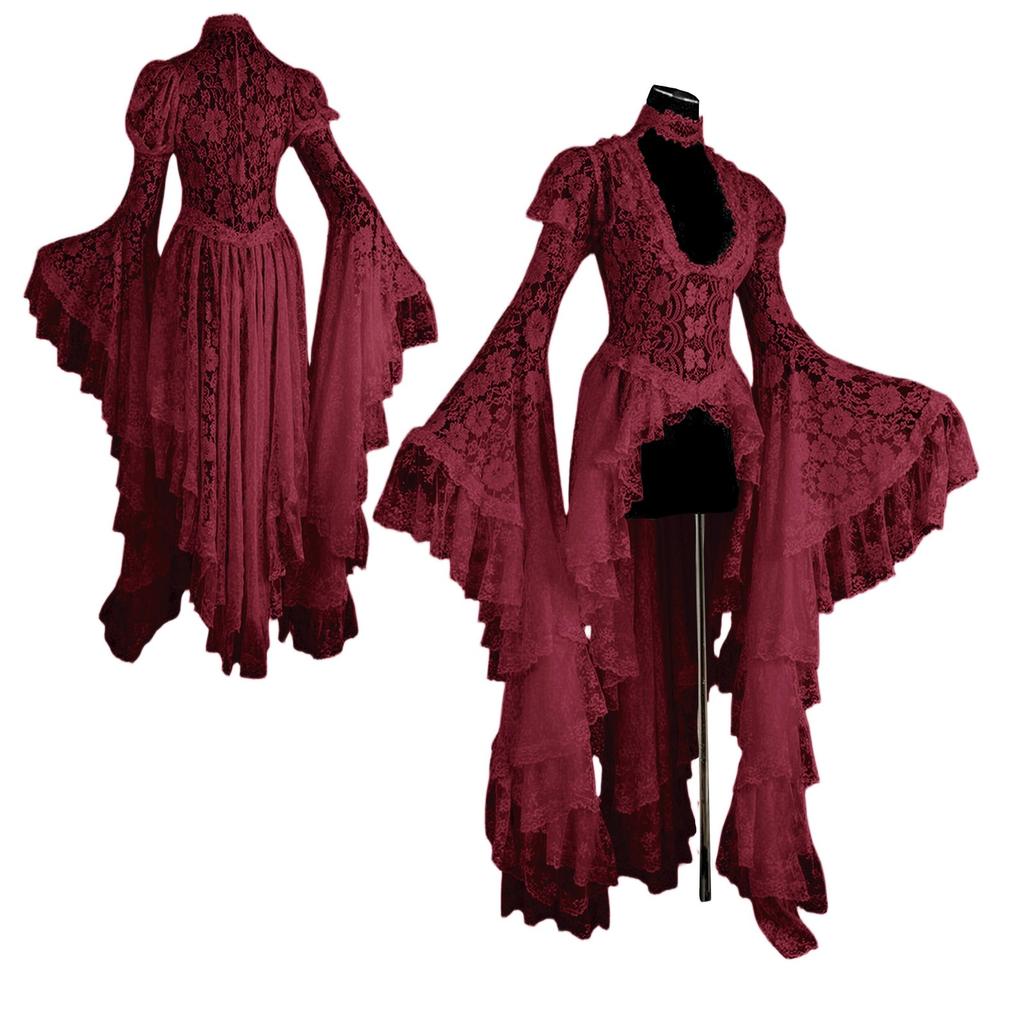 Винтажный Хэллоуин Средневековый Ренессанс Косплей Костюмы Платье Женское Готическое Кружевное Повязка Черное Маскарадное Платье Макси Платье Vestidos