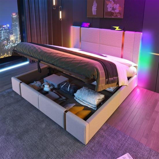 Platform Bed 90/140/160x200CM Double with USB Type-C Charging Station APP Control LED Slatted Frame Wooden Storage Space Modern Beige Linen