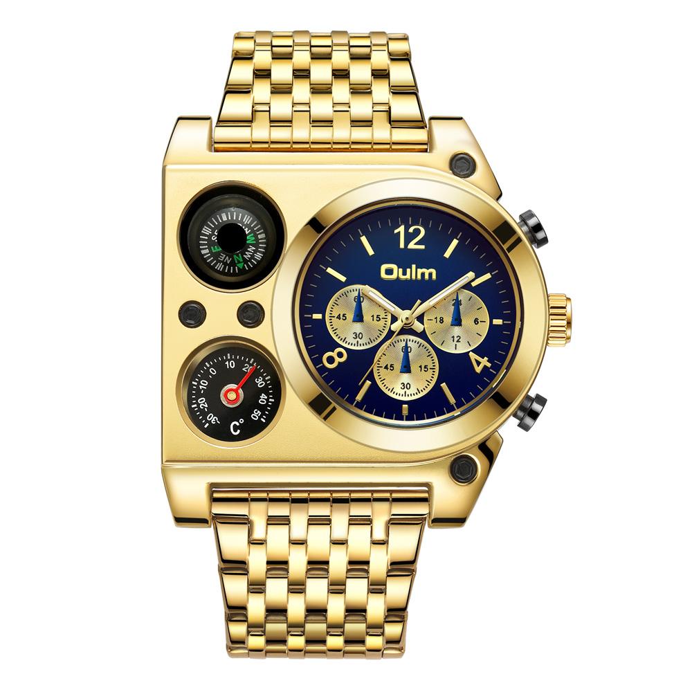 OULM-9315A Military Watch compass Temperature Display Movement Three Time Clock Big Dial Quartz Men WristWatch relogio masculino