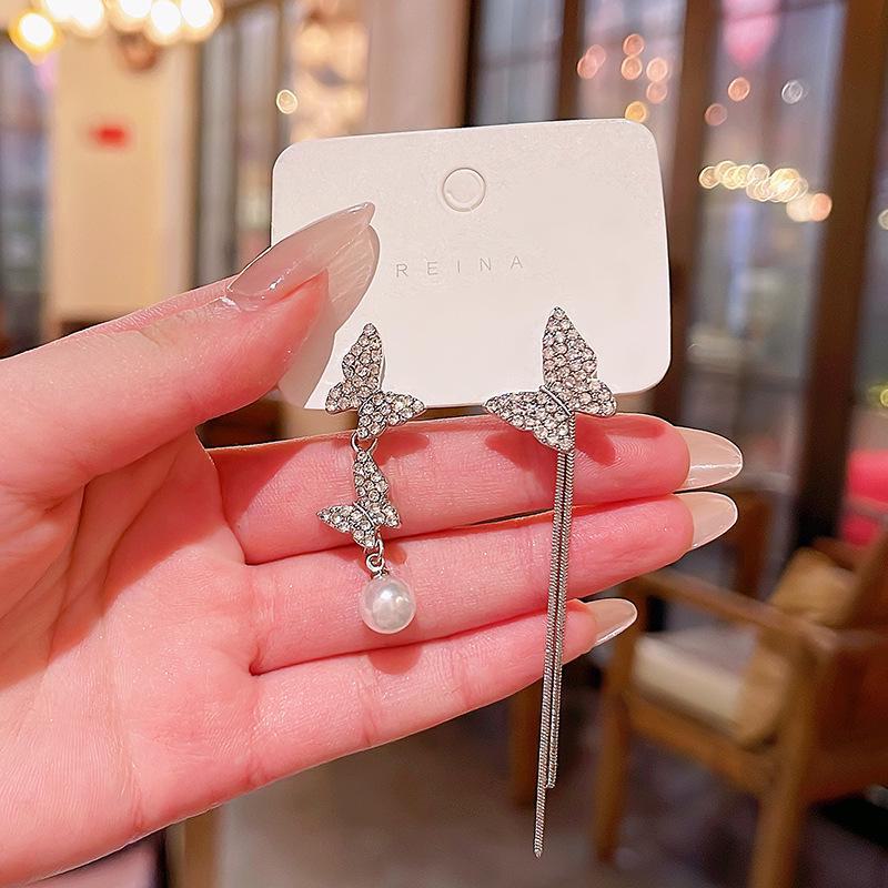 925 Silver Needle Asymmetrical Butterfly Tassel Earrings with Glittering Diamonds and Pearls