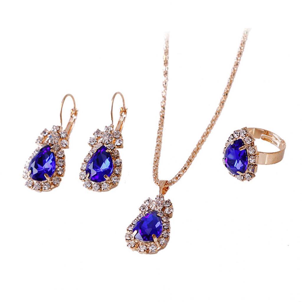 Fashion Waterdrop Shiny Rhinestones Necklace Ring Earrings Women Jewelry Set KTJ