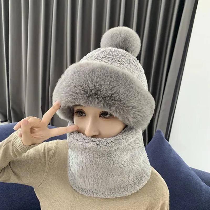 Winter Scarf Set Hooded Women's Plush Scarf Warm Hat Outdoor Ski Windproof Hat Thickened Plush Fluffy Woolen Hat