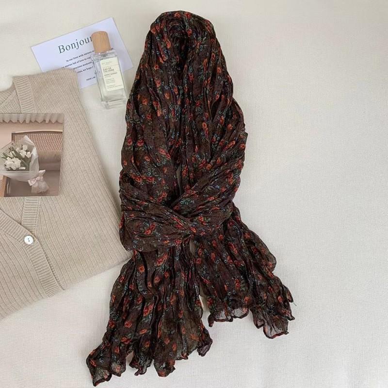 Винтажный хлопково-льняной шарф для женщин осенне-зимний с принтом тонкий плиссированный шарф шелковый шарф