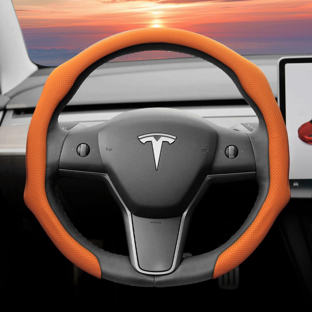 Подходит для Tesla, Чехол на перфорированное кожаное рулевое колесо, Нескользящий, Впитывающий пот, Дышащий, Интегрированный защитный чехол-защелка для Model 3 Y S