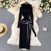 Women New Fashion Spring Autumn Stand Neck Slim Knit Sweater Dress Lace Up Bow Knot Long Sleeve Black Casual Knitwear