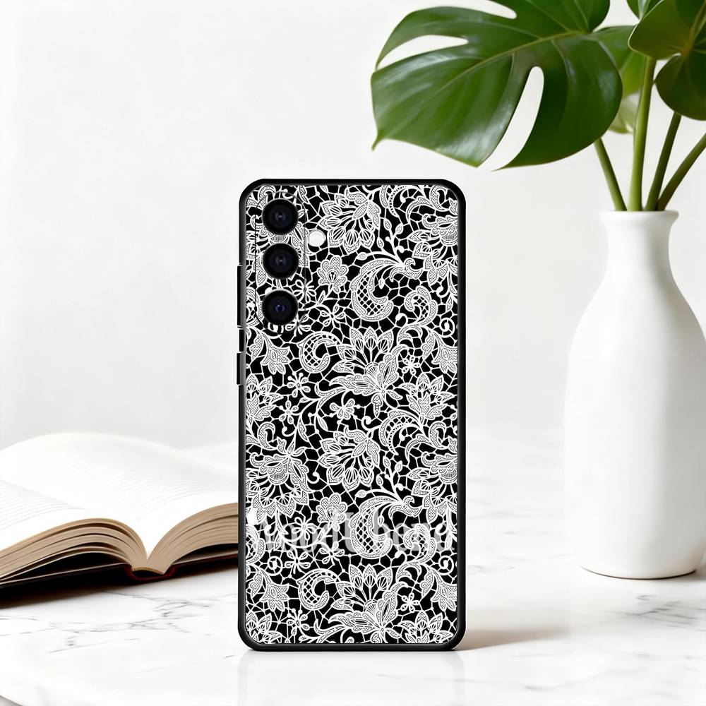 Красивый черный чехол с кружевным принтом для Samsung Galaxy A73, A72, A71, A70, A53, A52, A51, Другие Мягкий черный чехол