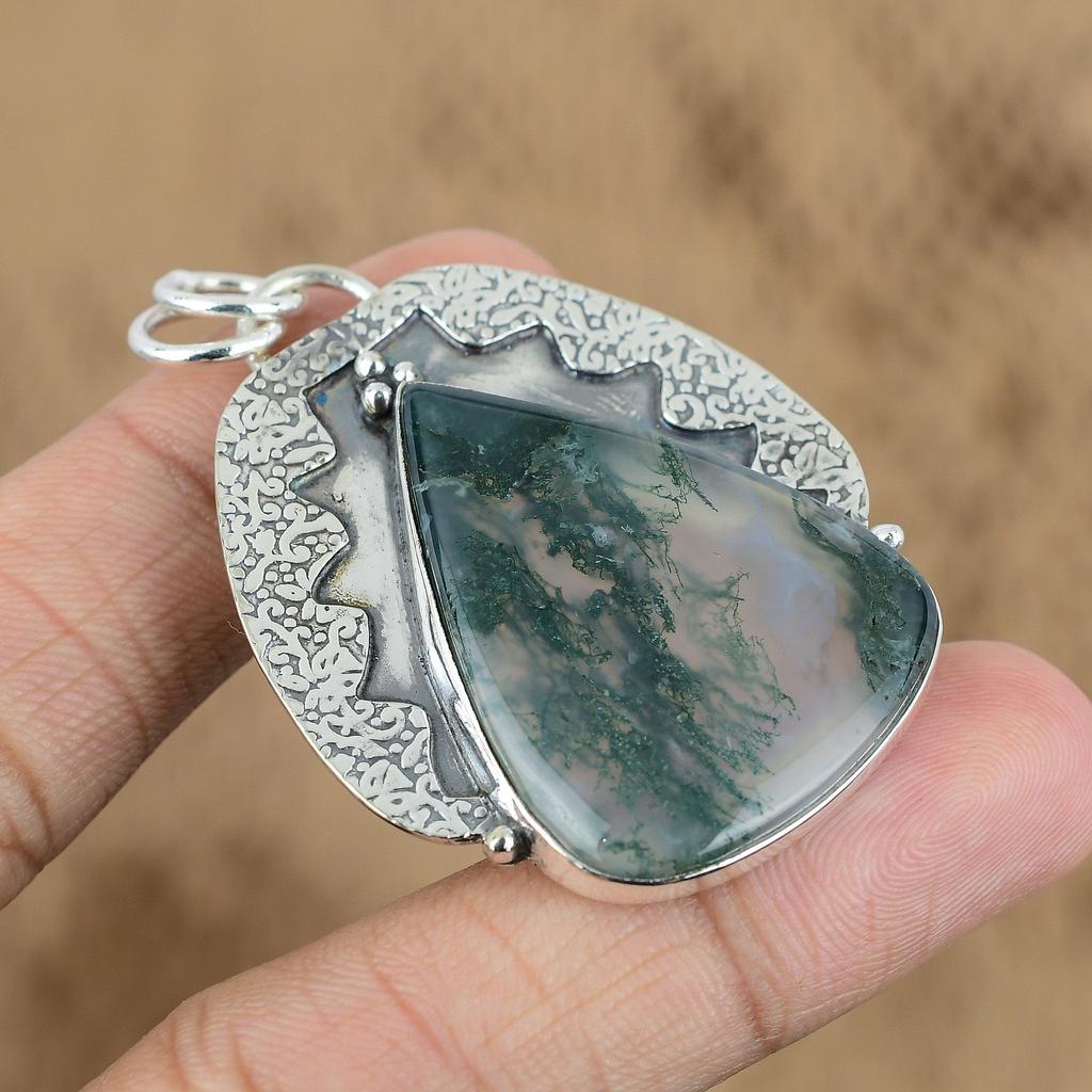 Wedding Gift For Her 925 Silver Natural Solar Moss Agate Gemstone Pendant