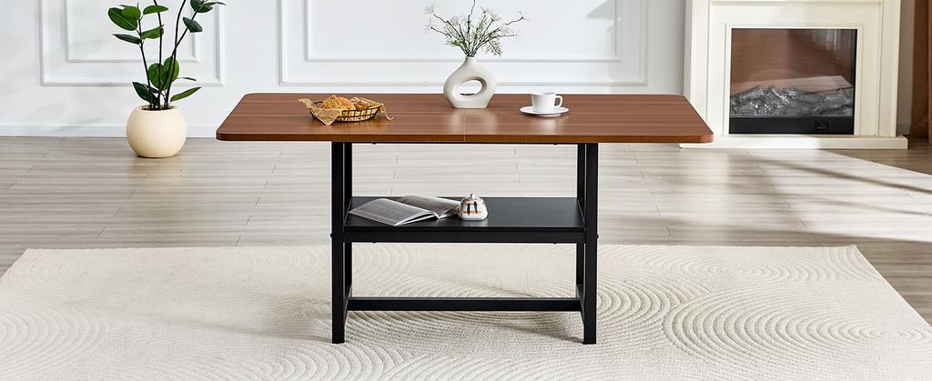 Rectangular Dining Table in Industrial Design in Walnut Color, 160×90×76 cm, for 4–6 People, with Multifunctional Shelf and Black Metal Legs.