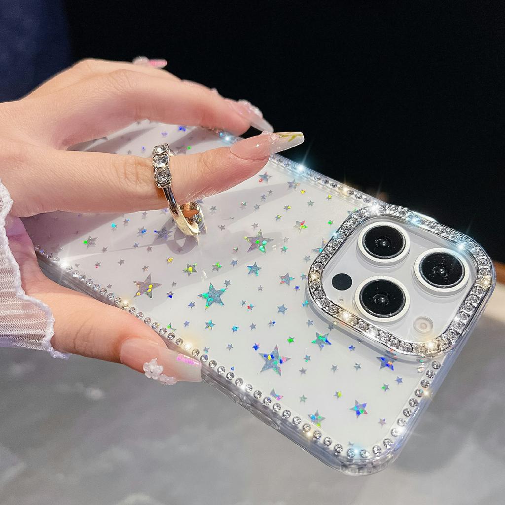 For iPhone 15 Pro Case with Ring Kickstand Rhinestone Edge TPU+PC IMD Phone Cover