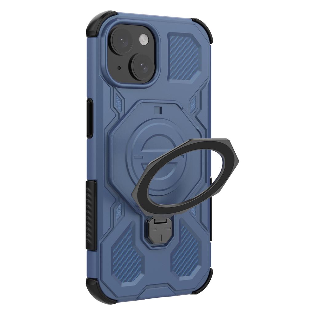 For iPhone 15 Magnetic Case Rotating Metal Kickstand Shockproof PC+TPU Phone Back Cover